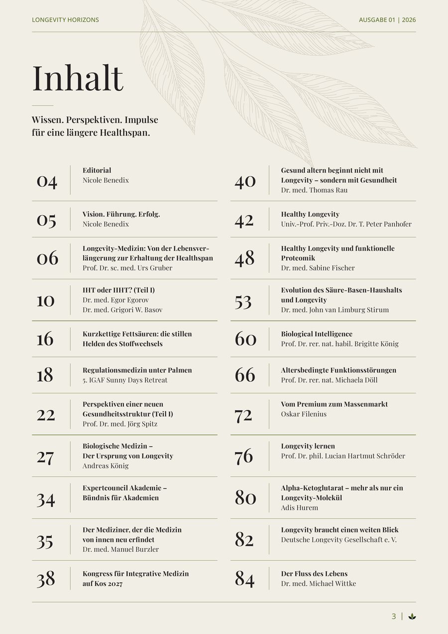 Inhaltsverzeichnis Longevity Horizons Ausgabe 01 | 2026
